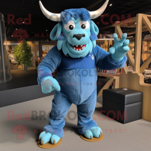 Blue Minotaur mascot costume character dressed with a Dungarees and Foot pads