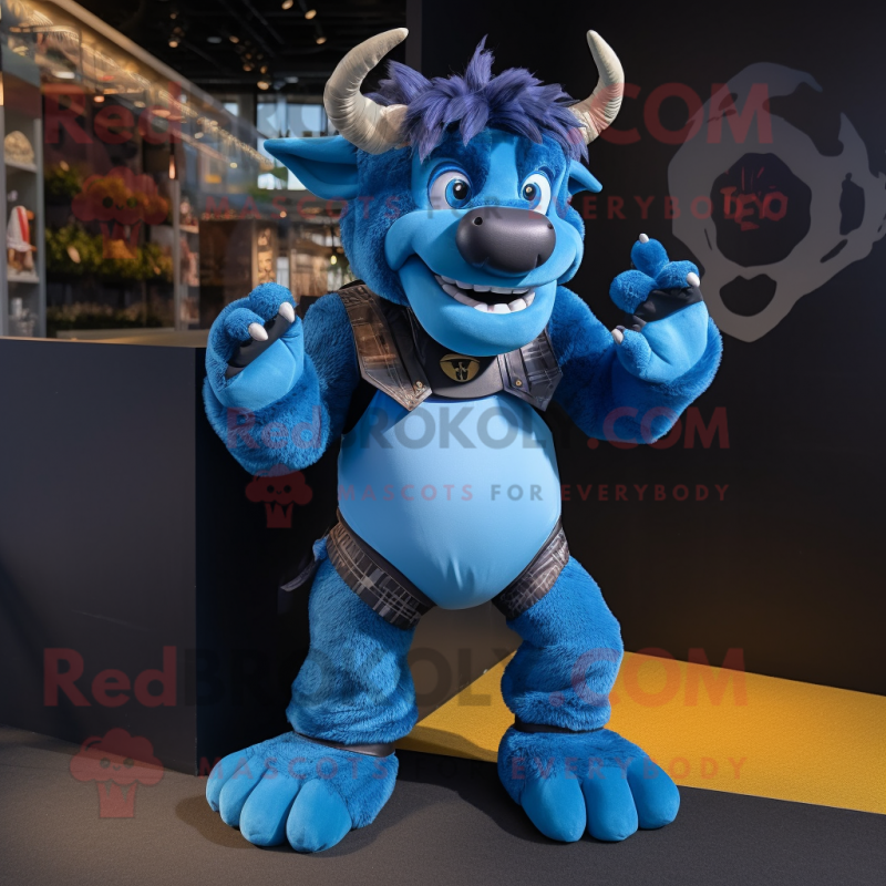 Blue Minotaur mascot costume character dressed with a Dungarees and Foot pads Blue Minotaur mascot costume character dressed with a Dungarees and Foot pads