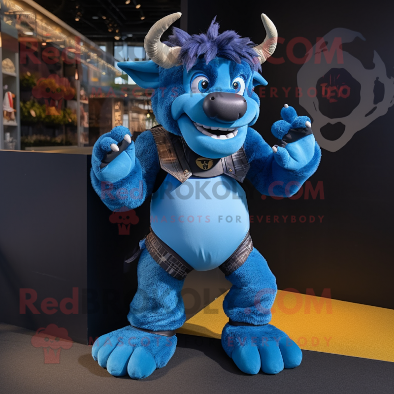 Blue Minotaur mascot costume character dressed with a Dungarees and Foot pads