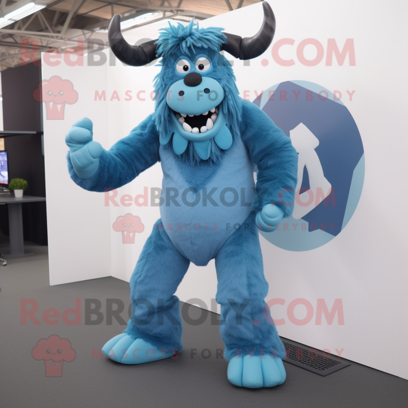 Blue Minotaur mascot costume character dressed with a Dungarees and Foot pads Blue Minotaur mascot costume character dressed with a Dungarees and Foot pads