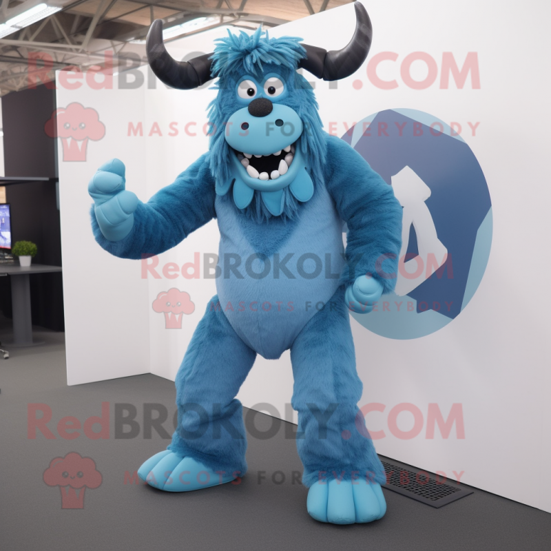 Blue Minotaur mascot costume character dressed with a Dungarees and Foot pads