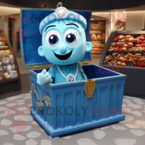 Blue Treasure Chest mascot costume character dressed with a Polo Shirt and Rings