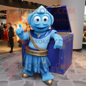 Blue Treasure Chest mascot costume character dressed with a Polo Shirt and Rings