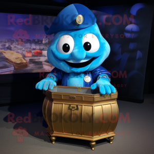 Blue Treasure Chest mascot costume character dressed with a Polo Shirt and Rings