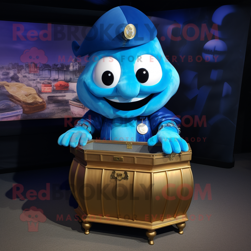 Blue Treasure Chest mascot costume character dressed with a Polo Shirt and Rings Blue Treasure Chest mascot costume character dressed with a Polo Shirt and Rings