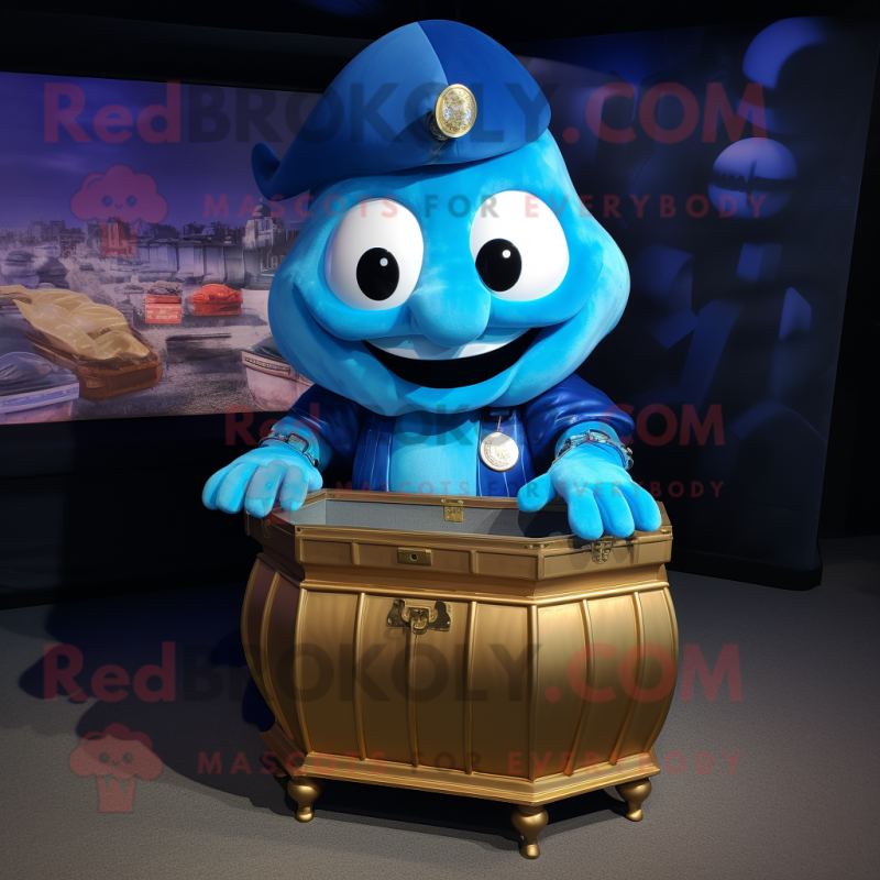 Blue Treasure Chest mascot costume character dressed with a Polo Shirt and Rings