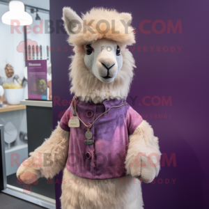 Purple Alpaca mascot costume character dressed with a Blouse and Brooches