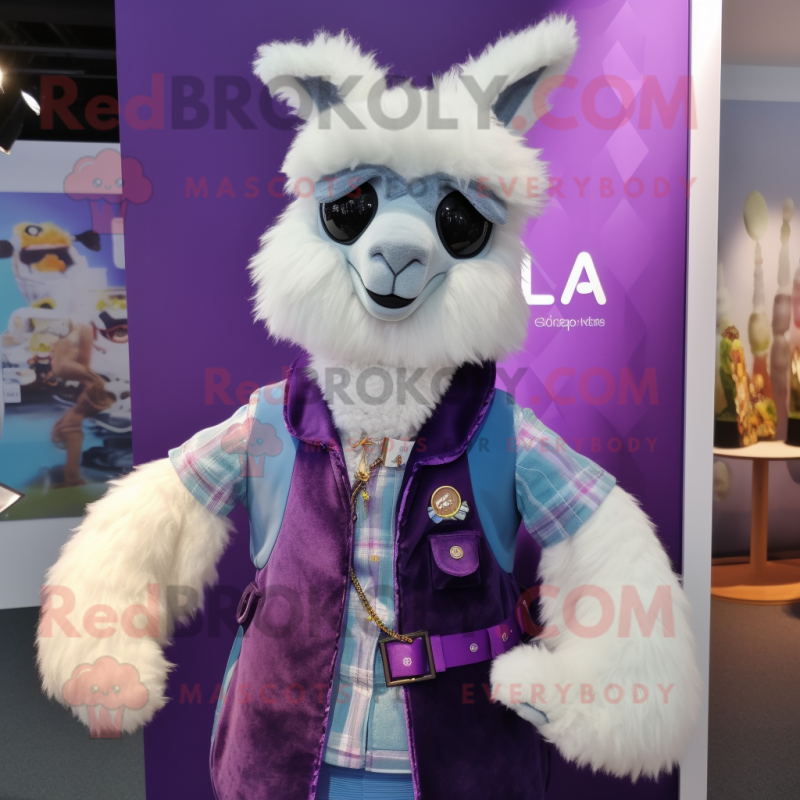 Purple Alpaca mascot costume character dressed with a Blouse and Brooches Purple Alpaca mascot costume character dressed with a Blouse and Brooches