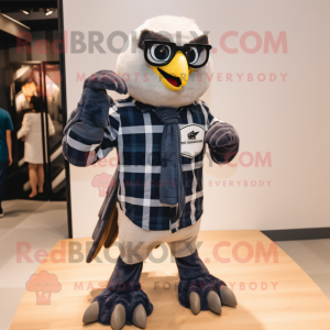 Navy Falcon mascot costume character dressed with a Flannel Shirt and Scarves