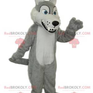 Mascote lobo cinzento e branco com dentes grandes -