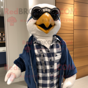 Navy Falcon mascot costume character dressed with a Flannel Shirt and Scarves