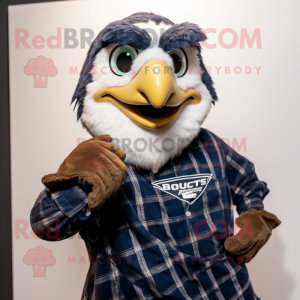 Navy Falcon mascot costume character dressed with a Flannel Shirt and Scarves