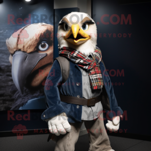 Navy Falcon mascot costume character dressed with a Flannel Shirt and Scarves