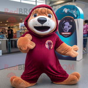 Maroon Sea Lion mascot costume character dressed with a Romper and Beanies