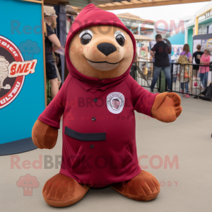 Maroon Sea Lion mascot costume character dressed with a Romper and Beanies
