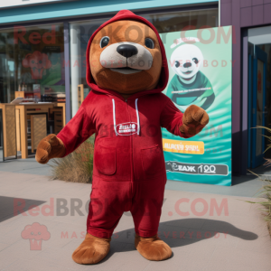 Maroon Sea Lion mascot costume character dressed with a Romper and Beanies