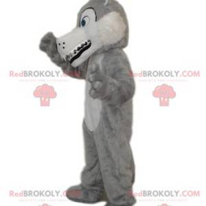 Mascote lobo cinzento e branco com dentes grandes -