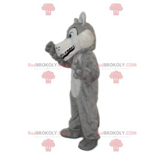 Mascotte de loup gris et blanc avec de grandes dents -