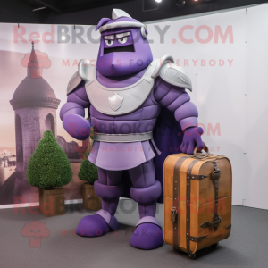 Purple Medieval Knight mascot costume character dressed with a Tank Top and Briefcases