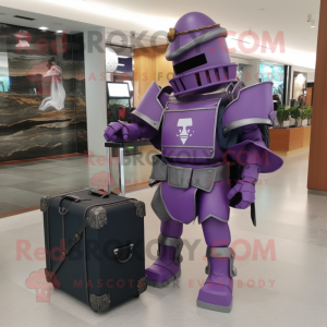 Purple Medieval Knight mascot costume character dressed with a Tank Top and Briefcases