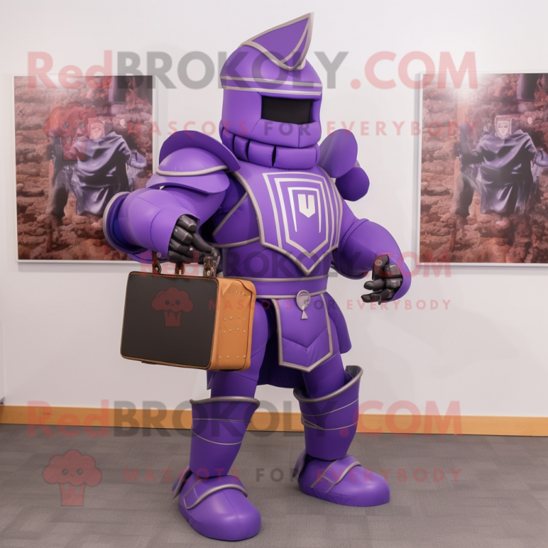 Purple Medieval Knight mascot costume character dressed with a Tank Top and Briefcases Purple Medieval Knight mascot costume character dressed with a Tank Top and Briefcases
