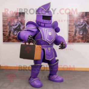 Purple Medieval Knight mascot costume character dressed with a Tank Top and Briefcases