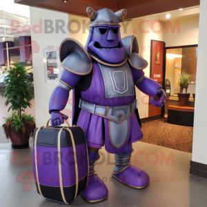 Purple Medieval Knight mascot costume character dressed with a Tank Top and Briefcases