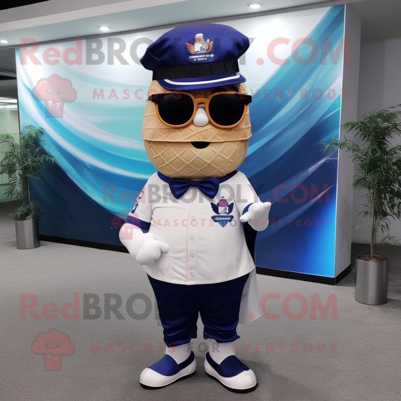 Navy Ice Cream Cone mascot costume character dressed with a A-Line Dress and Sunglasses Navy Ice Cream Cone mascot costume character dressed with a A-Line Dress and Sunglasses