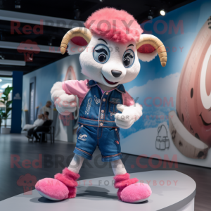 Pink Ram mascot costume character dressed with a Denim Shorts and Headbands