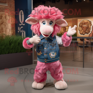Pink Ram mascot costume character dressed with a Denim Shorts and Headbands