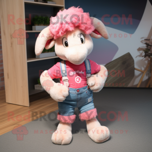 Pink Ram mascot costume character dressed with a Denim Shorts and Headbands