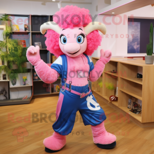 Pink Ram mascot costume character dressed with a Denim Shorts and Headbands