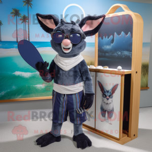 Navy Bat mascot costume character dressed with a Board Shorts and Eyeglasses