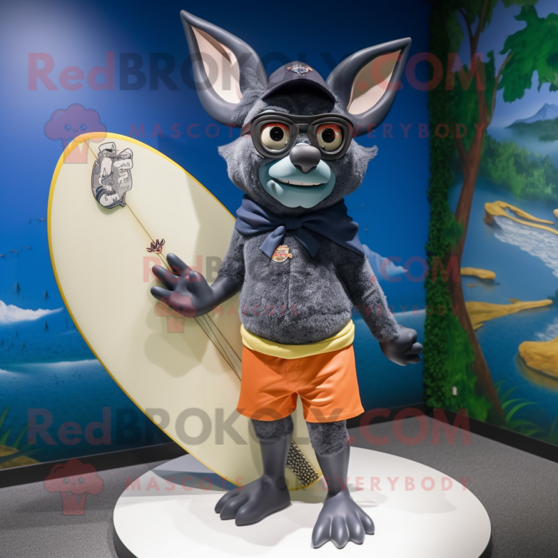 Navy Bat mascot costume character dressed with a Board Shorts and Eyeglasses Navy Bat mascot costume character dressed with a Board Shorts and Eyeglasses
