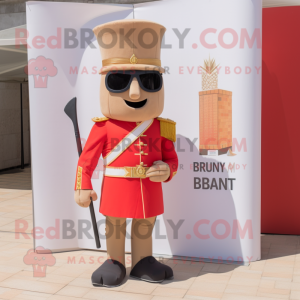 Tan British Royal Guard mascot costume character dressed with a Tank Top and Sunglasses