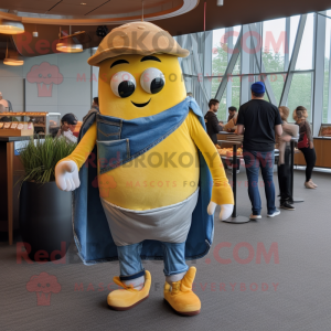 Yellow Bagels mascot costume character dressed with a Denim Shirt and Wraps