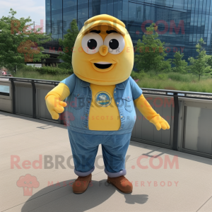 Yellow Bagels mascot costume character dressed with a Denim Shirt and Wraps