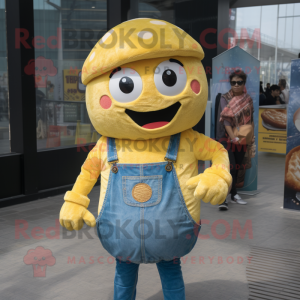 Yellow Bagels mascot costume character dressed with a Denim Shirt and Wraps