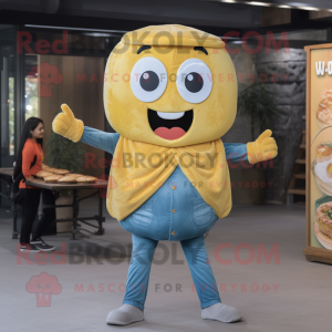 Yellow Bagels mascot costume character dressed with a Denim Shirt and Wraps