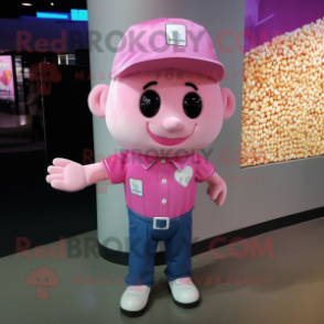 Pink Pop Corn mascot costume character dressed with a Button-Up Shirt and Caps