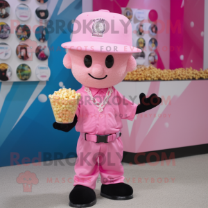 Pink Pop Corn mascot costume character dressed with a Button-Up Shirt and Caps