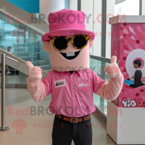 Pink Pop Corn mascot costume character dressed with a Button-Up Shirt and Caps