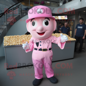 Pink Pop Corn mascot costume character dressed with a Button-Up Shirt and Caps