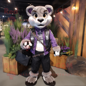 Lavender Mountain Lion mascot costume character dressed with a Biker Jacket and Briefcases