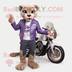 Lavender Mountain Lion mascot costume character dressed with a Biker Jacket and Briefcases