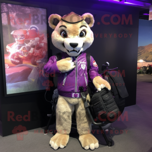 Lavender Mountain Lion mascot costume character dressed with a Biker Jacket and Briefcases