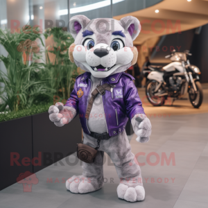 Lavender Mountain Lion mascot costume character dressed with a Biker Jacket and Briefcases