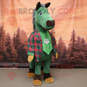 Forest Green Mare mascot costume character dressed with a Flannel Shirt and Scarf clips