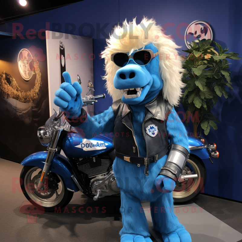 Blue Camel mascot costume character dressed with a Moto Jacket and Hairpins