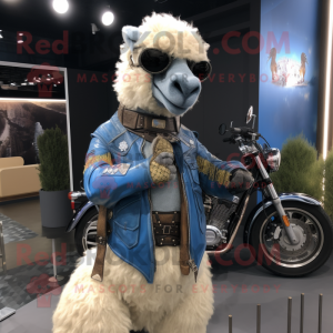Blue Camel mascot costume character dressed with a Moto Jacket and Hairpins